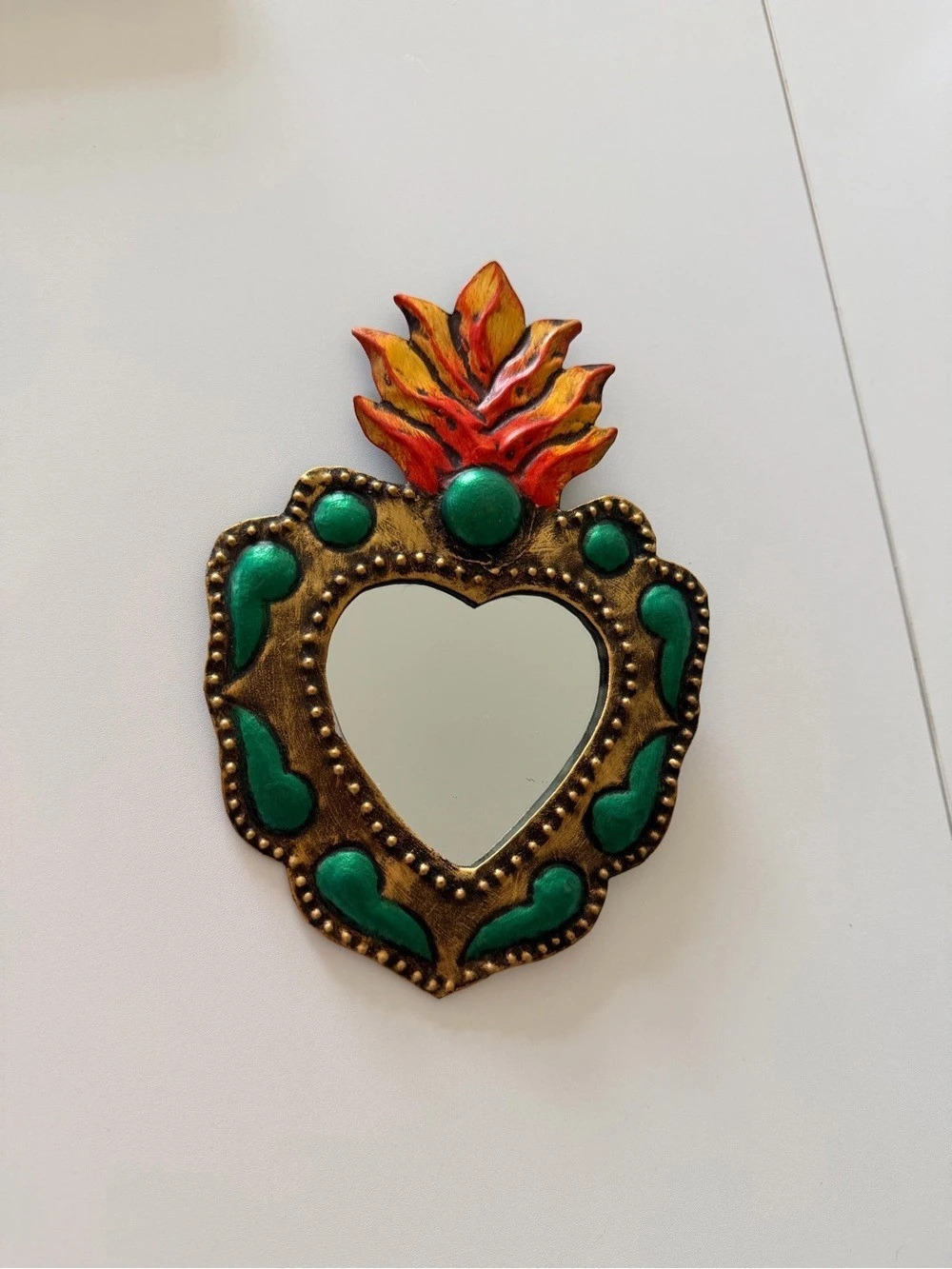 Gracías Heart Flame Wall Mirror in Gold & Green Like New